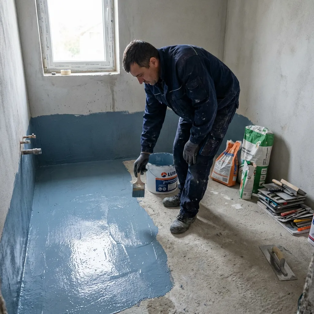 Specialist aplicând membrană impermeabilizare în baie înainte de montaj gresie în Brașov