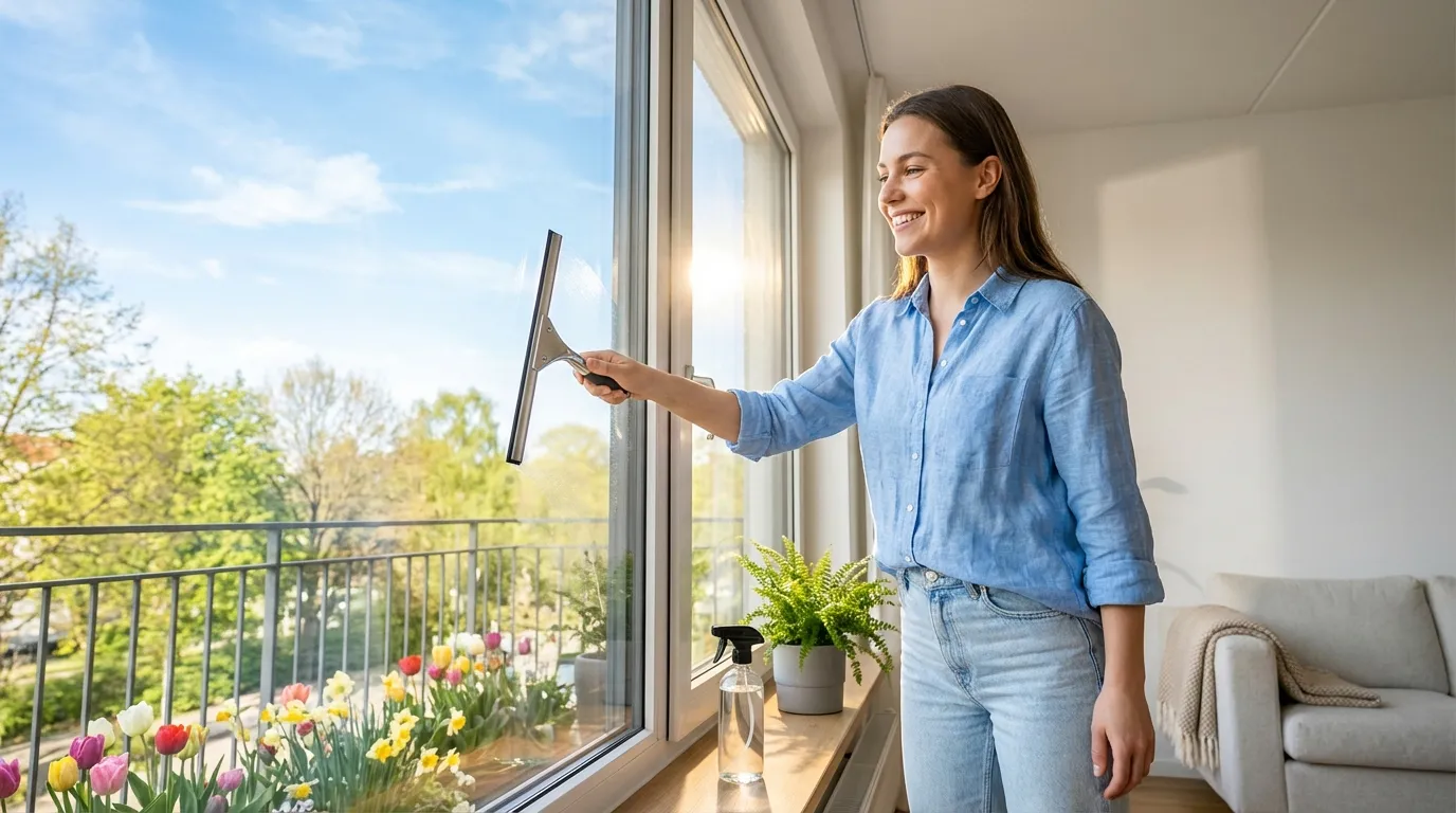 Curățare geamuri de primăvară cu vedere spre peisaj verde